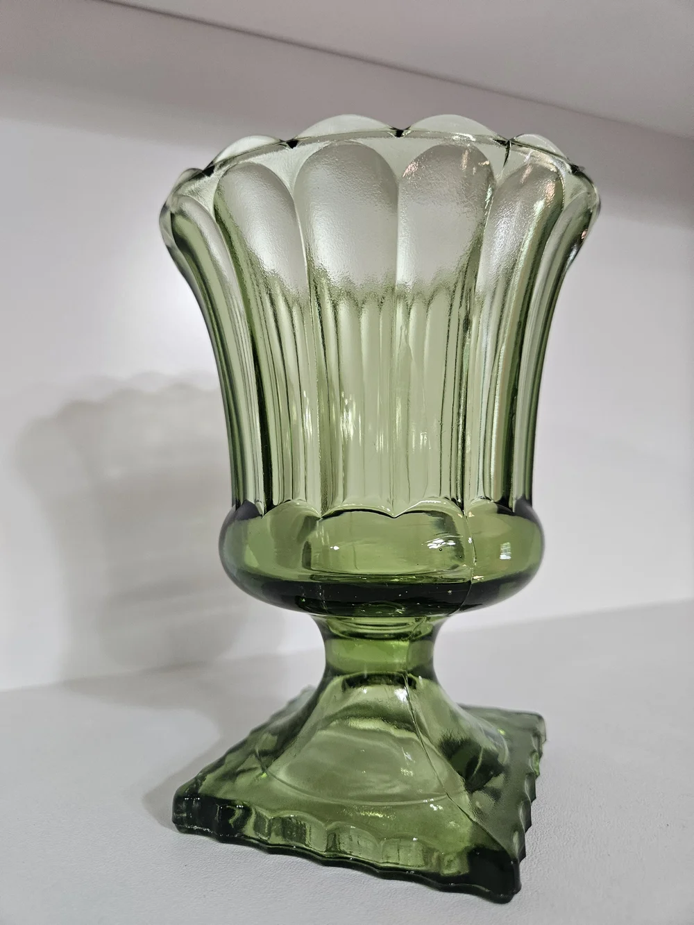 Indiana Glass Avocado Green Scalloped Pedestal Vase